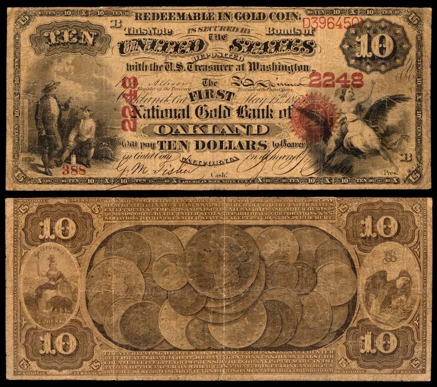 Engraved ten-dollar National Gold Bank note, front and reverse