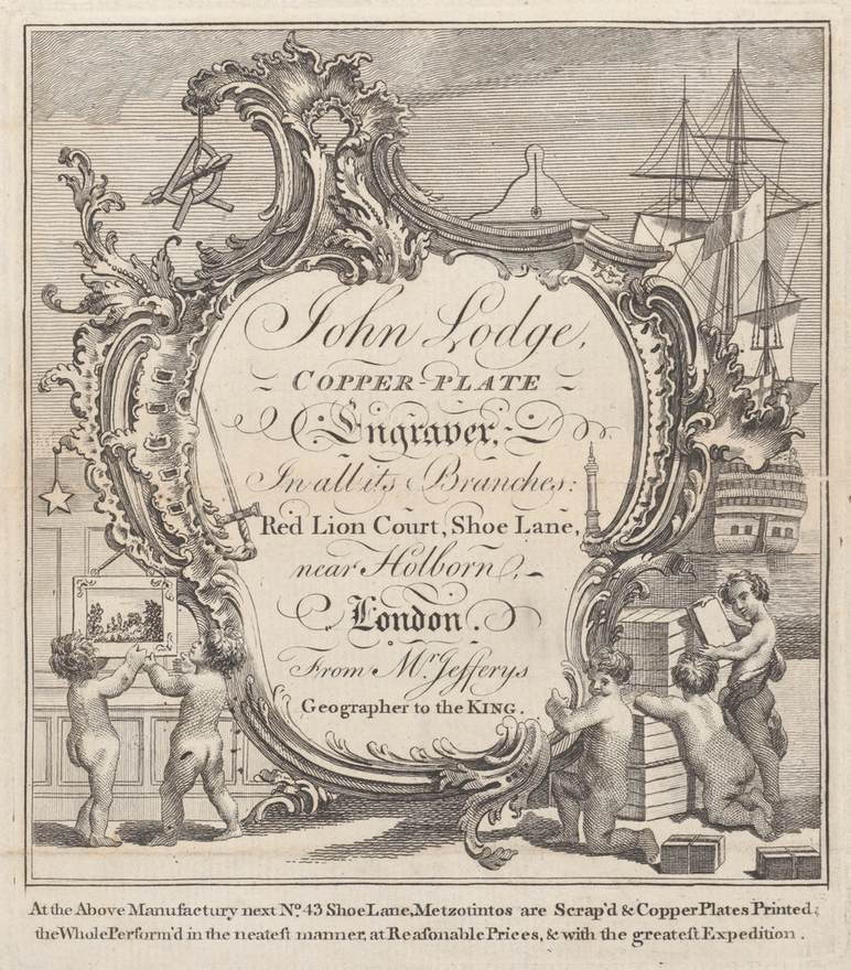 Engraved trade card of John Lodge, copper-plate engraver of Shoe Lane, London