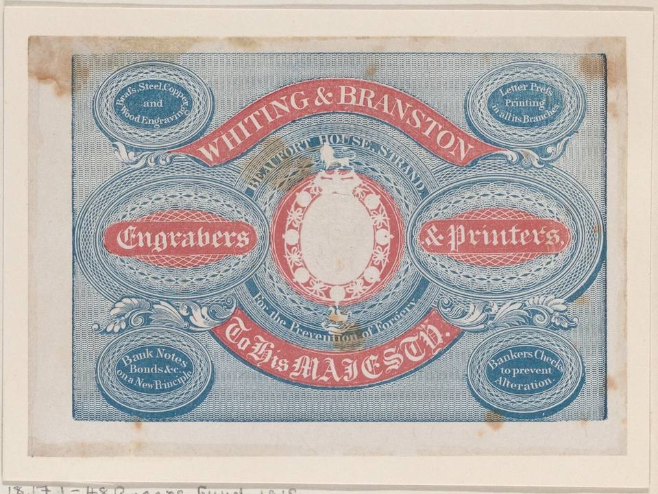 Engraved trade card of Whiting & Branston, engravers and printers, showing their ornamental house mark