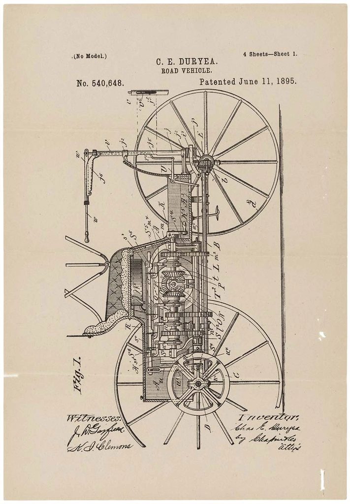 United States patent drawing for the Duryea road vehicle, granted 11 June 1895