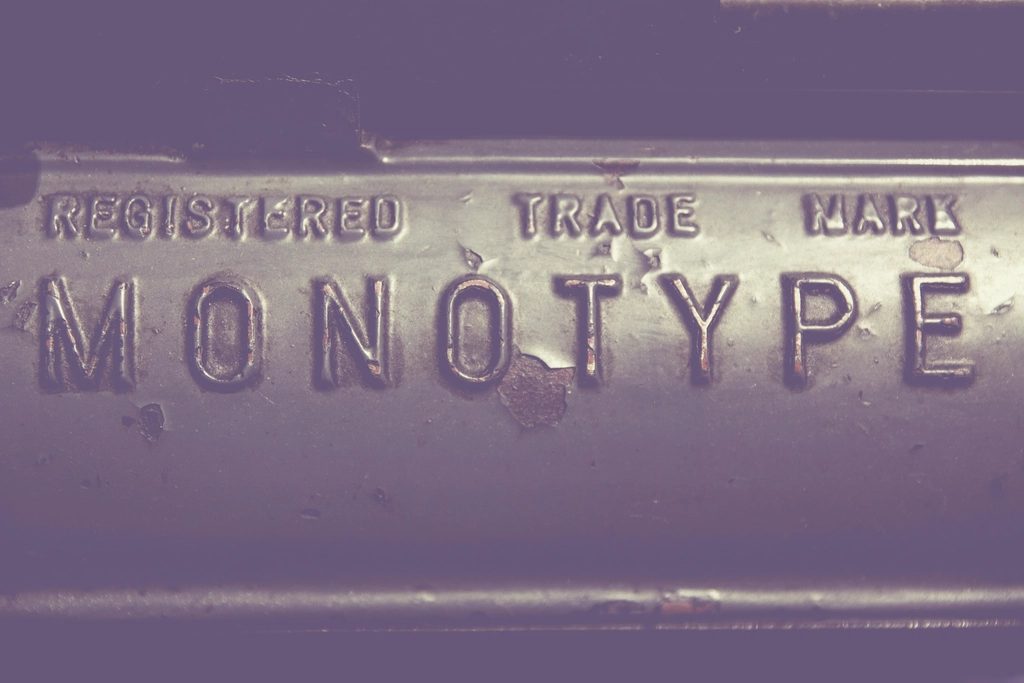 The words "Registered Trade Mark" cast into the side of a Monotype matrix case