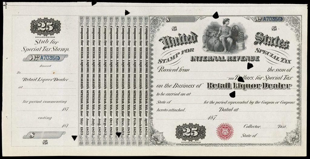 United States Internal Revenue special tax stamp, printed and serially numbered