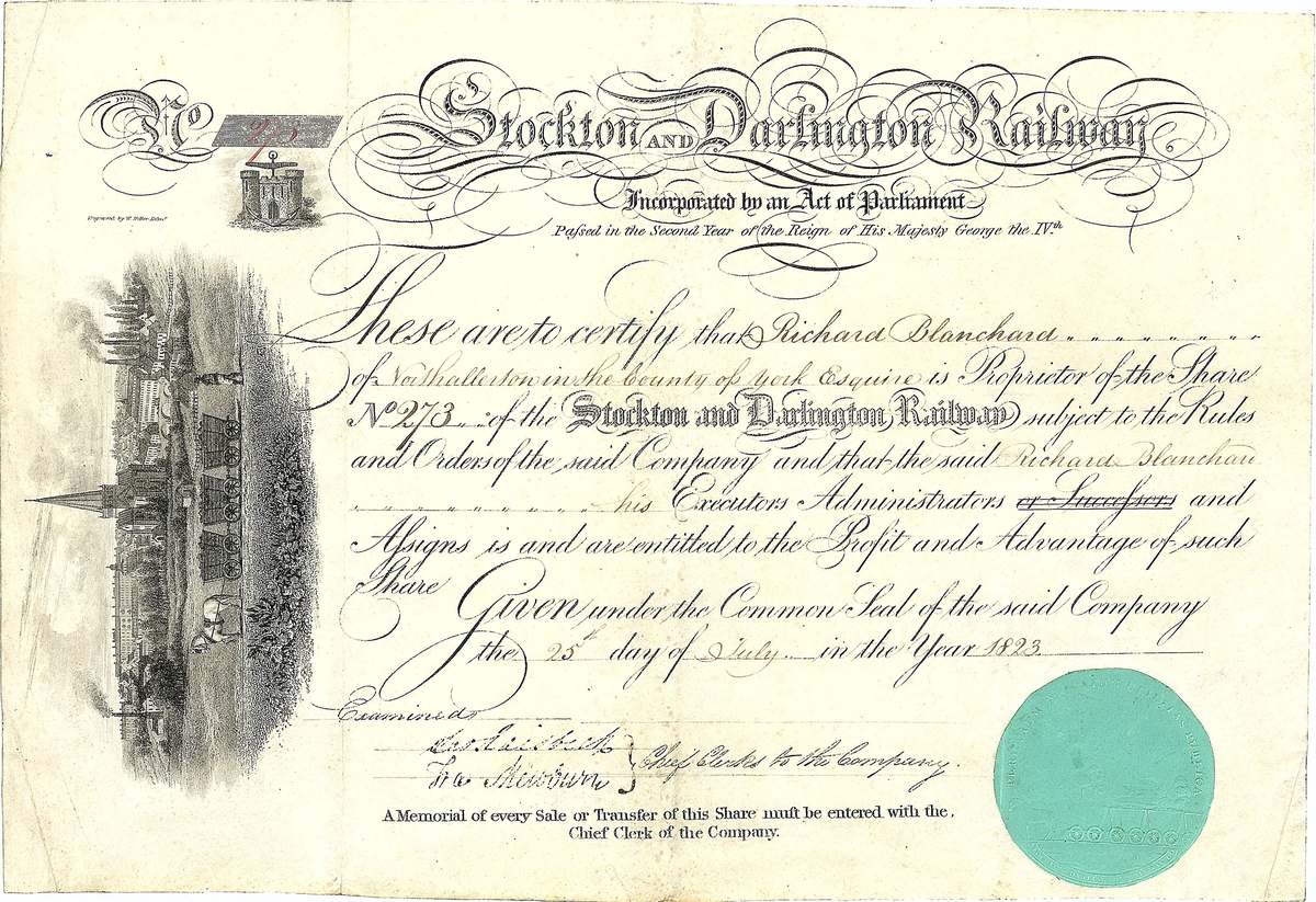Engraved share certificate of the Stockton and Darlington Railway, issued 1823