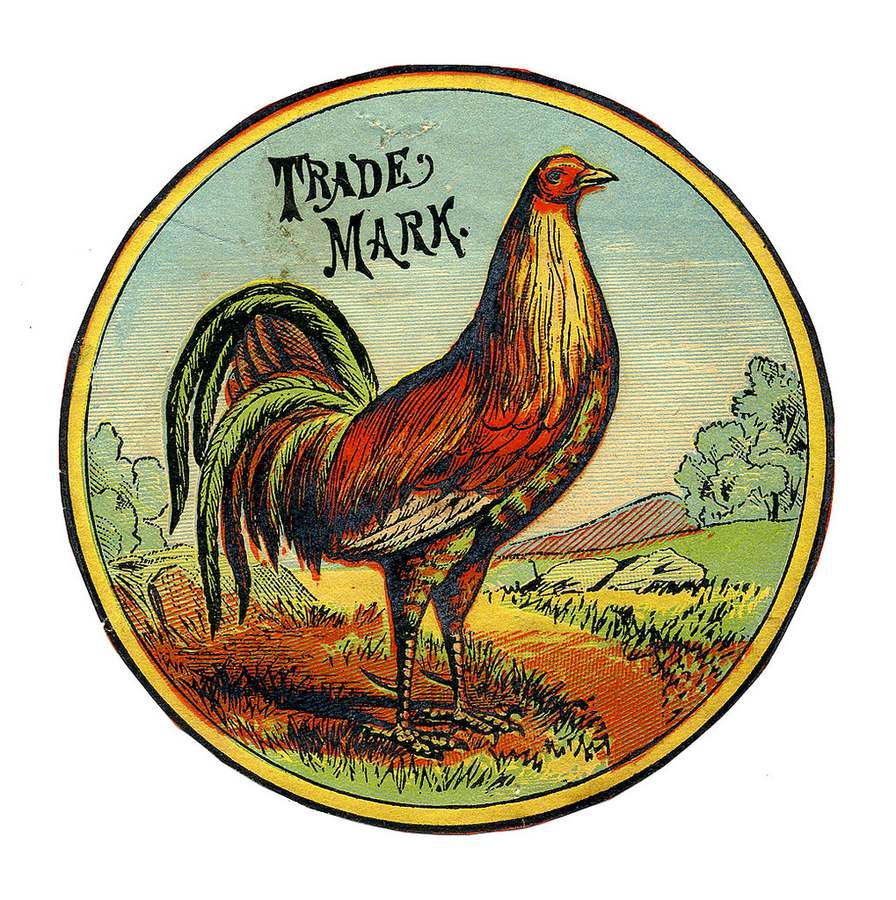 Nineteenth-century product label: a cockerel device inside a roundel lettered "Trade Mark"
